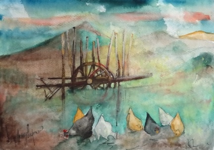 5056 Les dernières picorettes avant la nuit. 25 X 35 Aquarelle et gouache sur Clairefontaine redimensionner